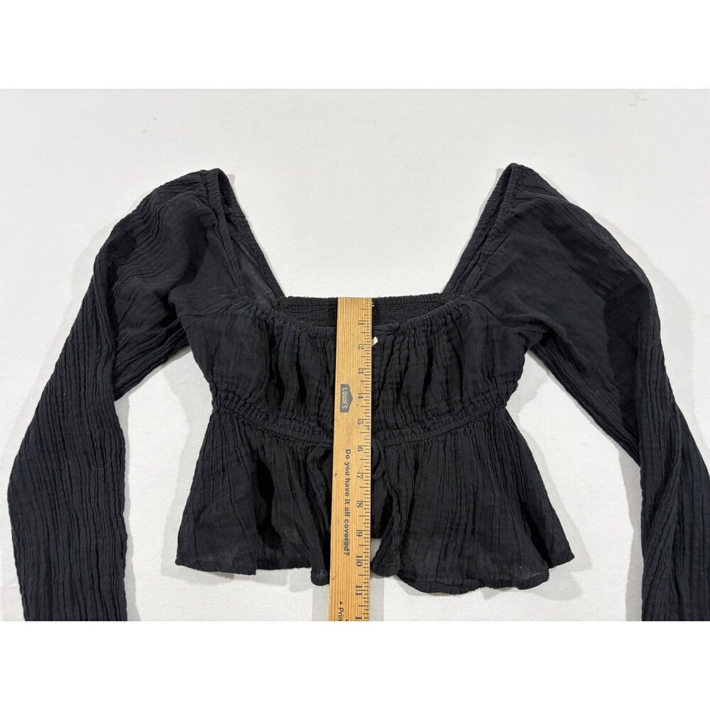 Free People Black Smocked Long Sleeve Cottage Core Goth Blouse Gauzy Top Sz S - Picture 3 of 13